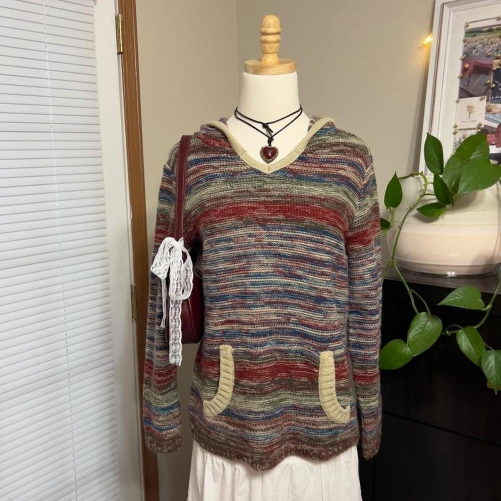 Vintage Y2K Venus Striped Hooded Knit Sweater Boho Granola Earthy